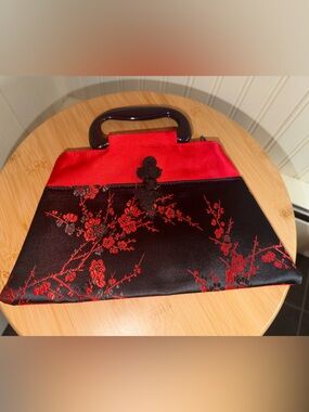 Red & Black Faux Satin Cherry Blossom small Bag with Black Plastic Handles